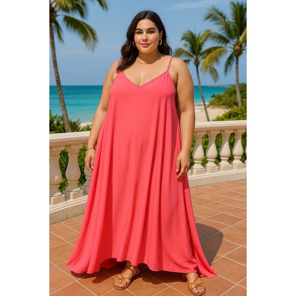 Torrid Honeysuckle Pink Maxi Challis Trapeze Dress 2X NWT slip resort Barbie - Picture 1 of 8